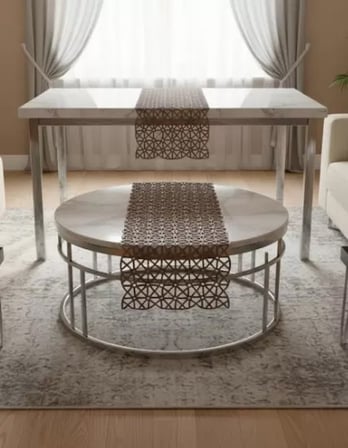 5 Parça Kahverengi Angles Model Dantel Masa Örtüsü Runner Seti Salon Takımı