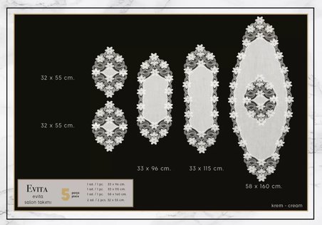 Evita Model Krem-Krem 5 Parça Keten Dantelli Salon Takımı Runner Seti No 6859