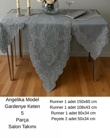 Salon Takımı 5 Parça Keten Dantelli Masa Örtüsü Runner Seti Angelika Model - Simli Gri