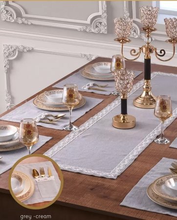 Zara Yemek Takımı 6 Kişilik 7 Parça Supla Runner Masa Seti Gri-Krem Modern Çeyizlik Sofra