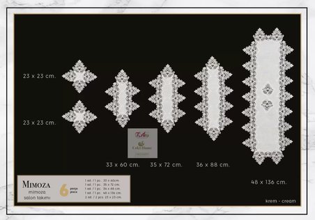 Mimoza Krem Model 5 Parça Dantel Masa Örtüsü Runner Seti Salon Takımı