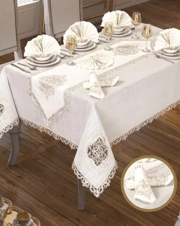 Lisa Linen Krem 26 Parça 12 Kişilik Premium Çeyizlik Supla Runner Yemek Masa Seti