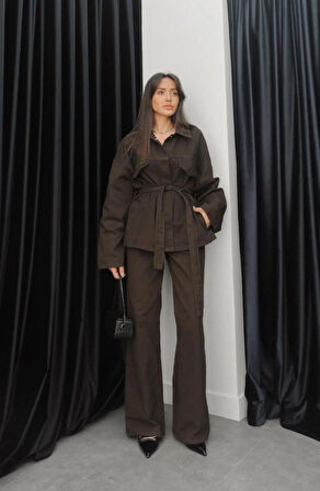 Kadın Denim Kahverengi Cep Detaylı Ceket Pantolon Takım