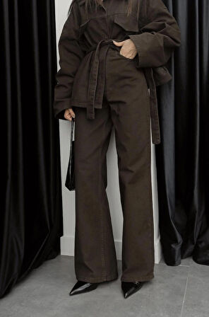 Kadın Denim Kahverengi Cep Detaylı Ceket Pantolon Takım