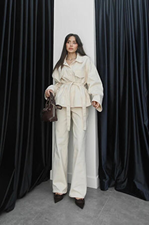 Kadın Denim Ekru Cep Detaylı Ceket Pantolon Takım