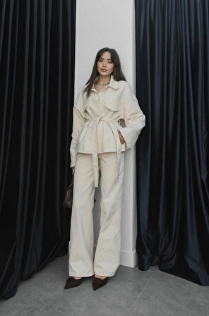 Kadın Denim Ekru Cep Detaylı Ceket Pantolon Takım