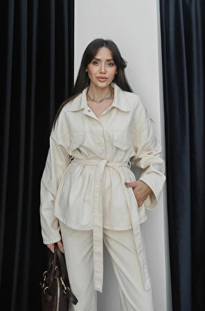 Kadın Denim Ekru Cep Detaylı Ceket Pantolon Takım