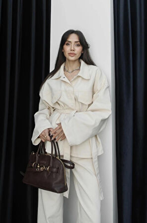 Kadın Denim Ekru Cep Detaylı Ceket Pantolon Takım