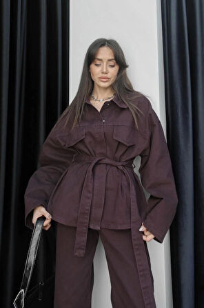Kadın Denim Mürdüm Cep Detaylı Ceket Pantolon Takım
