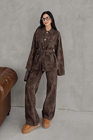 Kadın Kahverengi Leopar Desenli Cep Detaylı Kemerli Ceket Pantolon Denim Takım