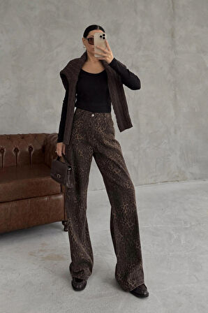 Kadın Kahverengi Leopar Desenli Cep Detaylı Kemerli Ceket Pantolon Denim Takım