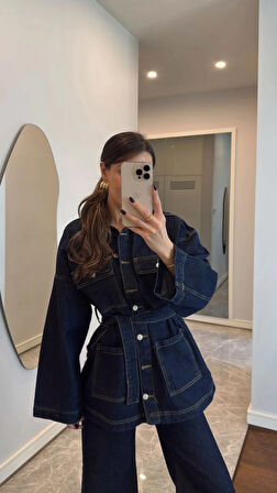 Kadın Denim Lacivert Cep Detaylı Ceket Pantolon Takım