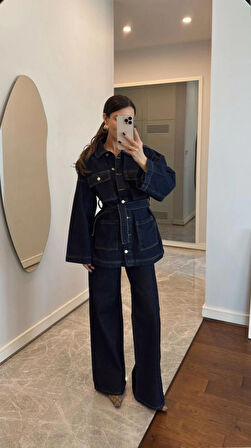 Kadın Denim Lacivert Cep Detaylı Ceket Pantolon Takım