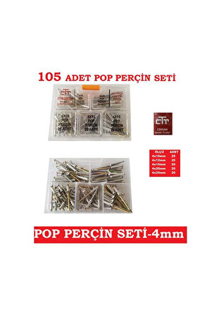 Perçin Seti-Çap 4 MM-Boy Çeşitli Pop Perçin 105 Parça