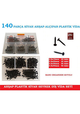 Vida Seti 140 Parça Ahşap Plastik V.B Vidası Siyah Renk Çelik