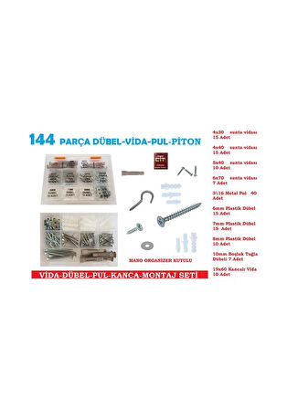Vida- Dübel-Pul-Kancalı Vida Seti 144 Parça Organizer Kutulu