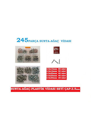 Sunta Vidası Seti 245 Parça Çap 3.5 MM Boy 13-16-20-25-30 MM