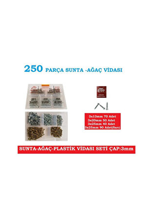 Vida Seti Ahşap Plastik V.B 250 Parça Çap 3 MM Boy 13-20-25 MM