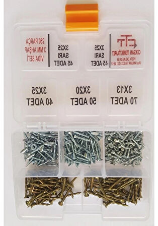 Vida Seti Ahşap Plastik V.B 250 Parça Çap 3 MM Boy 13-20-25 MM