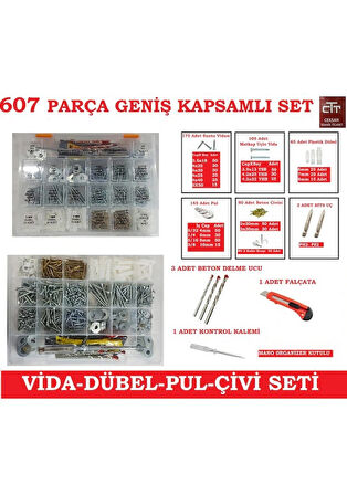 Vida -Dübel-Pul-Çivi -Hırdavat Seti 607 Parça Kullanışlı Set