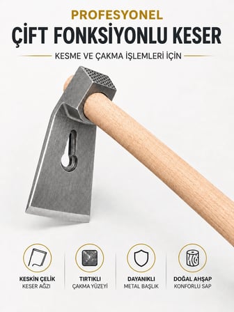 Beylini 500 Gr Çelik Keser Ekonomik Dayanıklı Odun Bahçe Ot Çift Yönlü Ahşap Ergonomik Saplı Profesyonel