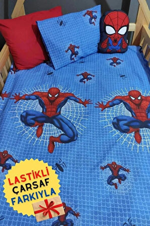 Tek Kişilik Lastikli Çarşaflı Örümcek Adamlı Çocuk Nevresim Takımı 100x200 Cm (2 YASTIKLI)