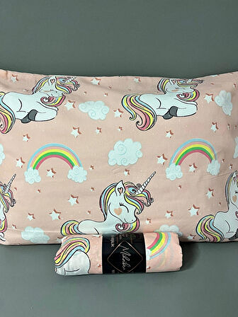 Tek Kişilik Unicorn Desen Lastikli Çarşaf Seti Somon 100x200 Cm