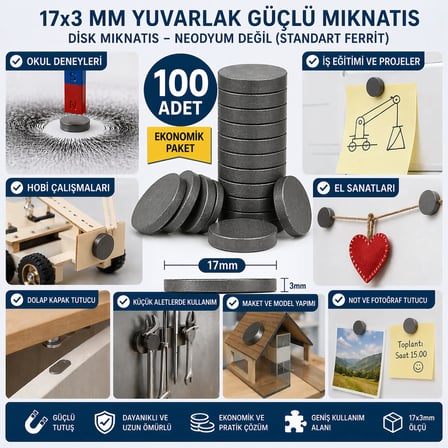 100 Adet Mıknatıs 17x3 Mm Yuvarlak Güçlü Mıknatıs Disk Mıknatıs