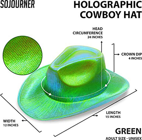 Neon Hologramlı Kovboy Model Parti Şapkası Yeşil Yetişkin 39x36x14 Cm