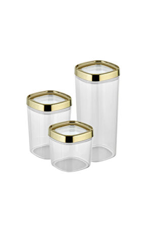 Ceronni Bonny Erzak Saklama Kabı 3Lü Set Metalik Kaplama Kapak 1,8Lt - 1Lt - 600Ml Metalik Altın