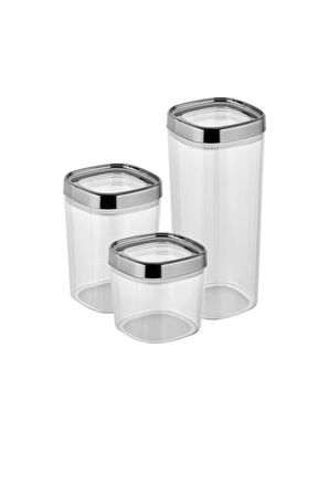Ceronni Bonny Erzak Saklama Kabı 3Lü Set Metalik Kaplama Kapak 1,8Lt - 1Lt - 600Ml Metalik Gümüş