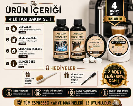 Espresso Kahve Makinesi 4’lü Tam Bakım Seti | Kireç Temizleyici, Süt Sistemi Temizleyici, Kahve Yağı Temizleme Tabletleri ve NSF H1 Silikon Gres