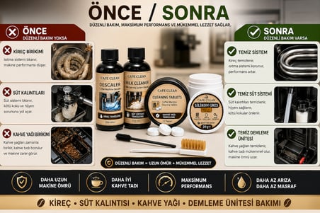 Espresso Kahve Makinesi 4’lü Tam Bakım Seti | Kireç Temizleyici, Süt Sistemi Temizleyici, Kahve Yağı Temizleme Tabletleri ve NSF H1 Silikon Gres