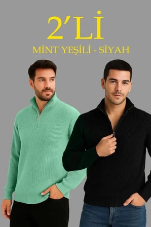 Erkek Fitilli Triko Kazak 2’li Set –  Mint Yeşili  Siyah, Kalın Dokuma Pamuklu Regular Fit V Yaka Fermuarlı Uzun Kollu Rahat Kışlık Kazak Kombini