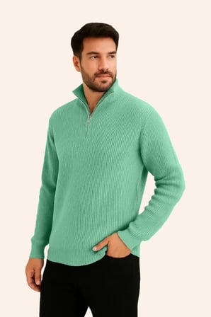 Erkek Fitilli Triko Kazak 2’li Set –  Mint Yeşili  Siyah, Kalın Dokuma Pamuklu Regular Fit V Yaka Fermuarlı Uzun Kollu Rahat Kışlık Kazak Kombini