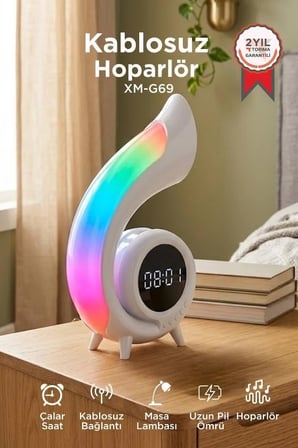 Premium Dekoratif Lamba Bluetooth Hoparlör Saat Özellikli Masa Lambası XM-G69 6in1