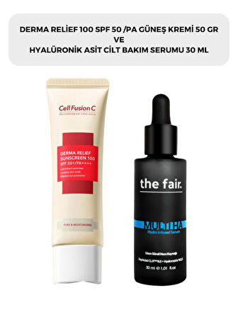 Cell Fusion C Derma Relief 100 Spf 50 /pa Güneş Kremi 50 gr ve the fair. Hyalüronik Asit Nemlendirici Cilt Bakım Serumu 30 ml