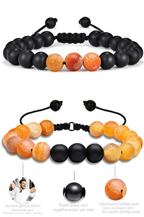 Sertifikalı Doğal Turuncu Akik Oniks Taşı Doğal Taş Bileklik Seti