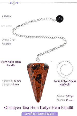Sertifikalı Kahverengi Obsidyen Taşı Pandül Sarkaç Hem Pandül - Hem Kolye