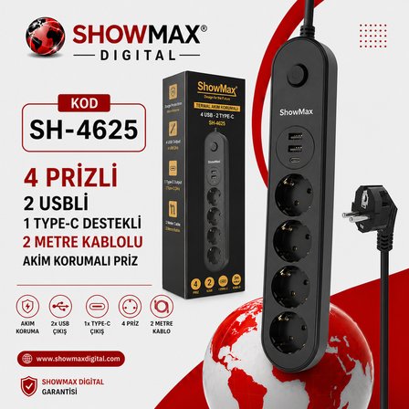 TAYFUN SHOWMAX SH-4625 TERMAL AKIM KORUMALI PRİZ 2 METRE (4 PRİZ + 2 USB + 1 TYPE-C)