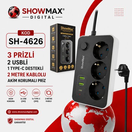 TAYFUN SHOWMAX SH-4625 TERMAL AKIM KORUMALI PRİZ 2 METRE (4 PRİZ + 2 USB + 1 TYPE-C)