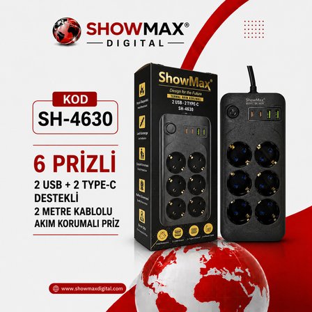 TAYFUN SHOWMAX SH-4630 TERMAL AKIM KORUMALI PRİZ 2 METRE ( 6 PRİZ + 2 USB + 2 TYPE-C)