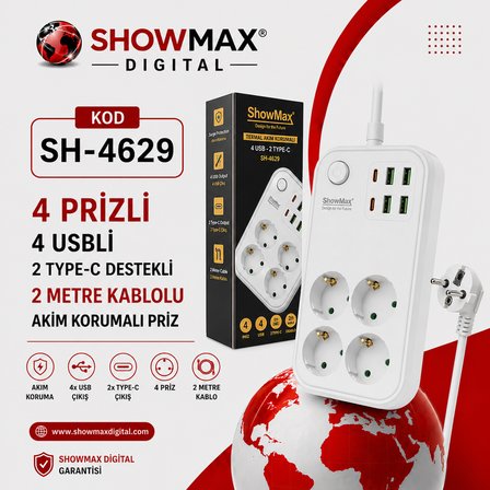 TAYFUN SHOWMAX SH-4629 TERMAL AKIM KORUMALI PRİZ 2 METRE KARE MODEL (4 PRİZ + 4 USB + 2 TYPE-C)