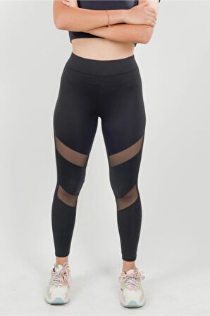 Kadın Siyah Tül Detaylı Tayt