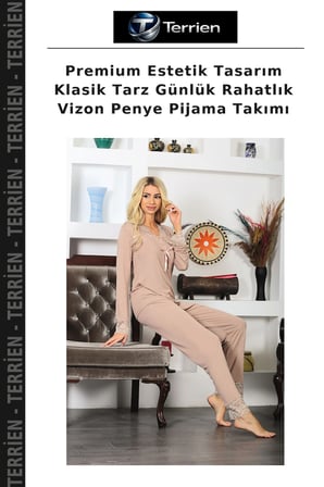 Premium Estetik Tasarım Klasik Tarz Günlük Rahatlık Vizon Penye Pijama Takımı