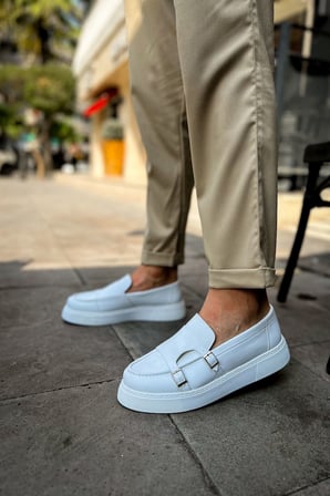 Erkek Beyaz Kemer Tokalı Loafer Ayakkabı - 417 - CBT Mancini 