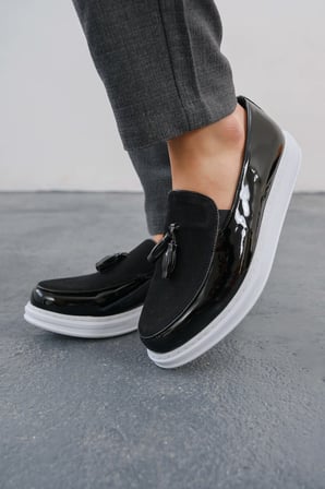 Erkek Siyah Rugan Püsküllü Loafer Ayakkabı - 002 - RBT Loafer Verniciata 