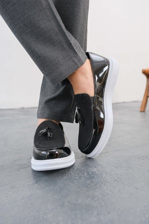 Erkek Siyah Rugan Püsküllü Loafer Ayakkabı - 002 - RBT Loafer Verniciata 