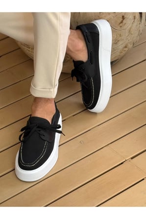Erkek Siyah Triko Kalın Taban Loafer Ayakkabı - 2602 - Triko 