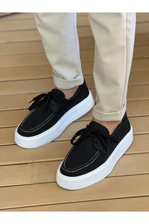 Erkek Siyah Triko Kalın Taban Loafer Ayakkabı - 2602 - Triko 